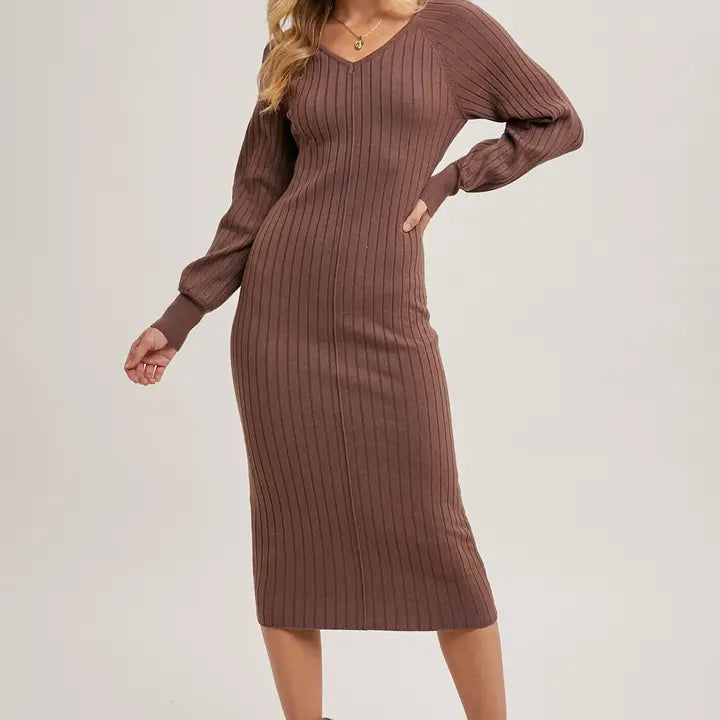 Bluivy  v-neck ribbed knit sweater midi dress