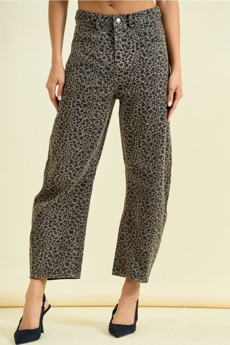 Doe and Rae barrel leg leopard print jeans