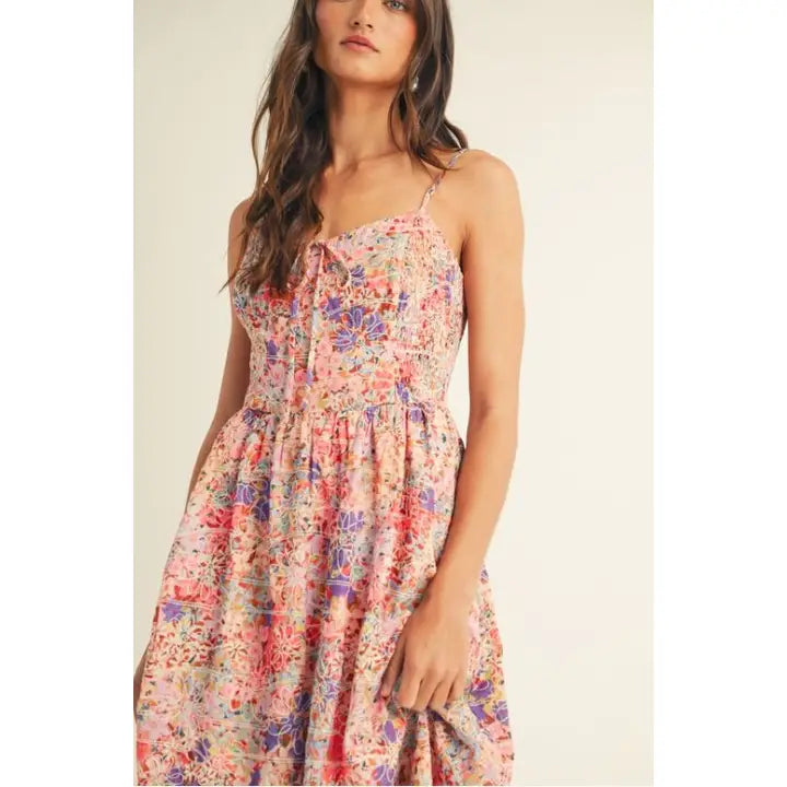Just Me floral print smocked bodice midi dress