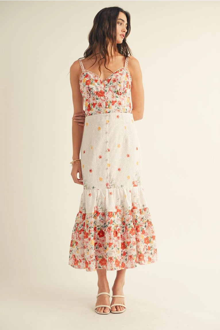 Just Me eyelet detailed floral border print midi dress