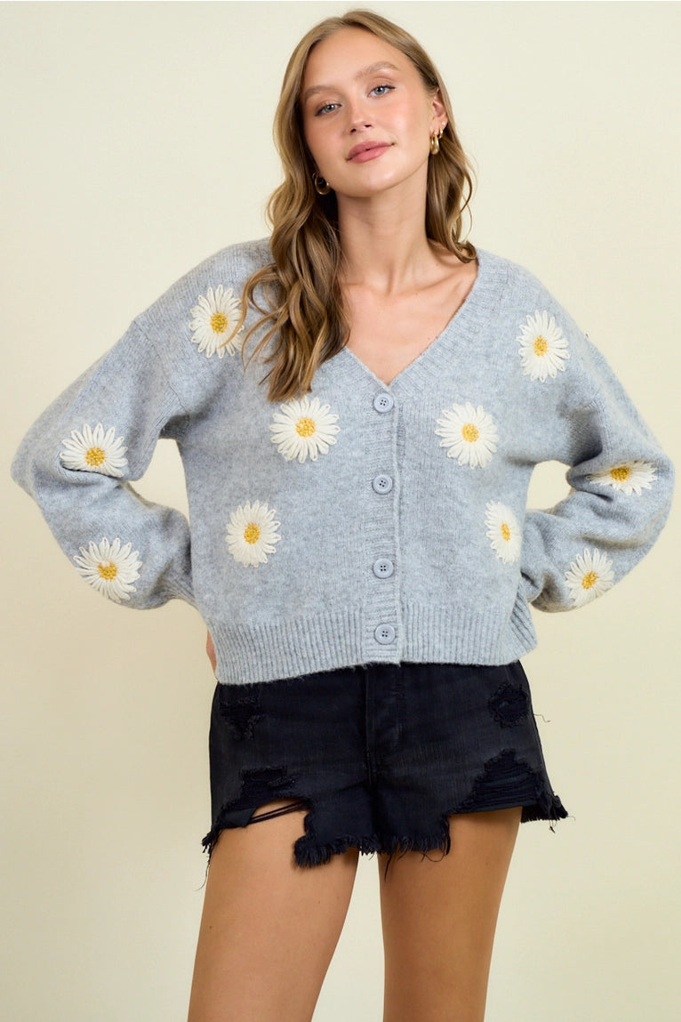 Doe and Rae floral applique button down cardigan