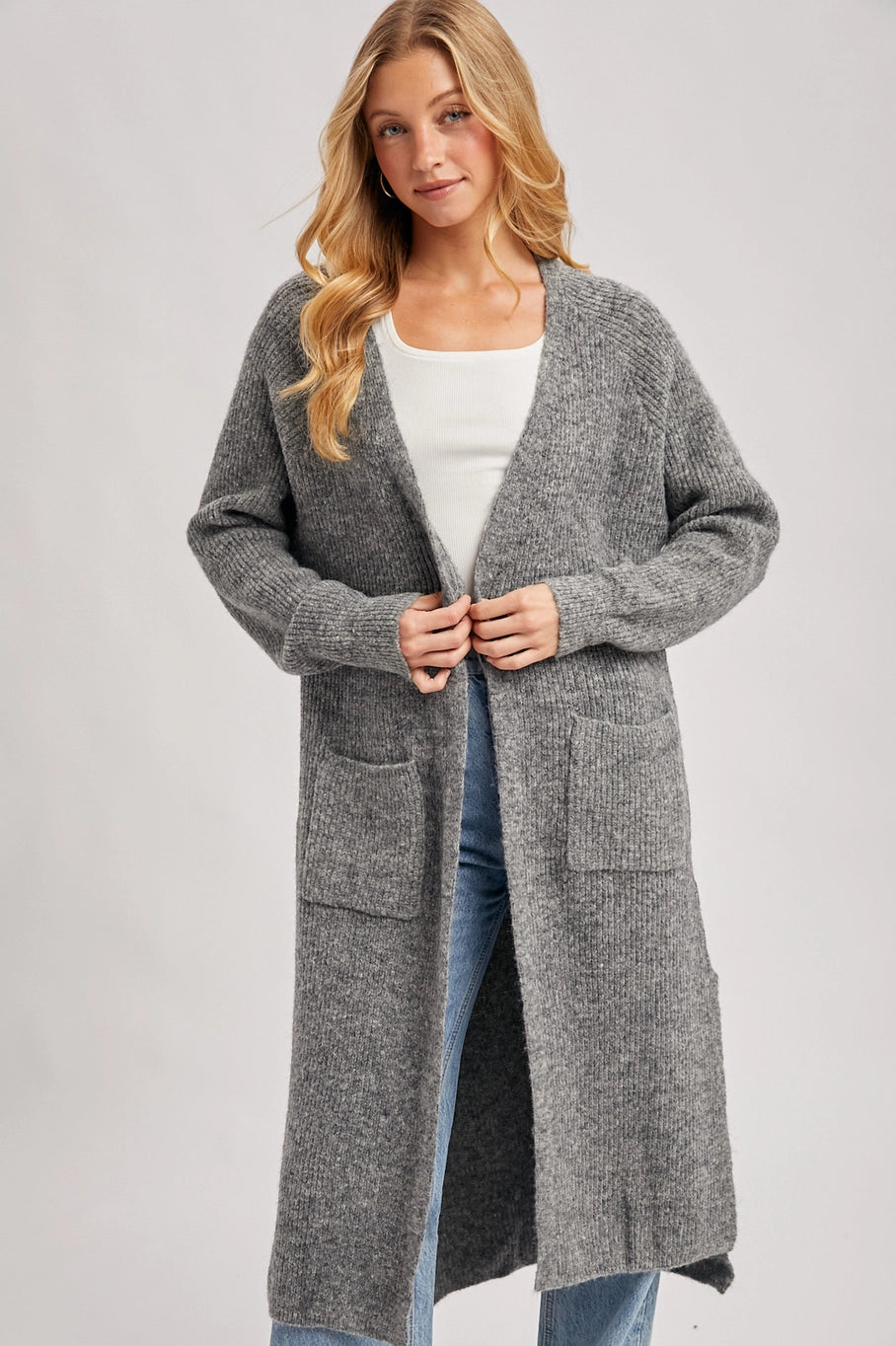 Bluivy longline open front side slit cardigan