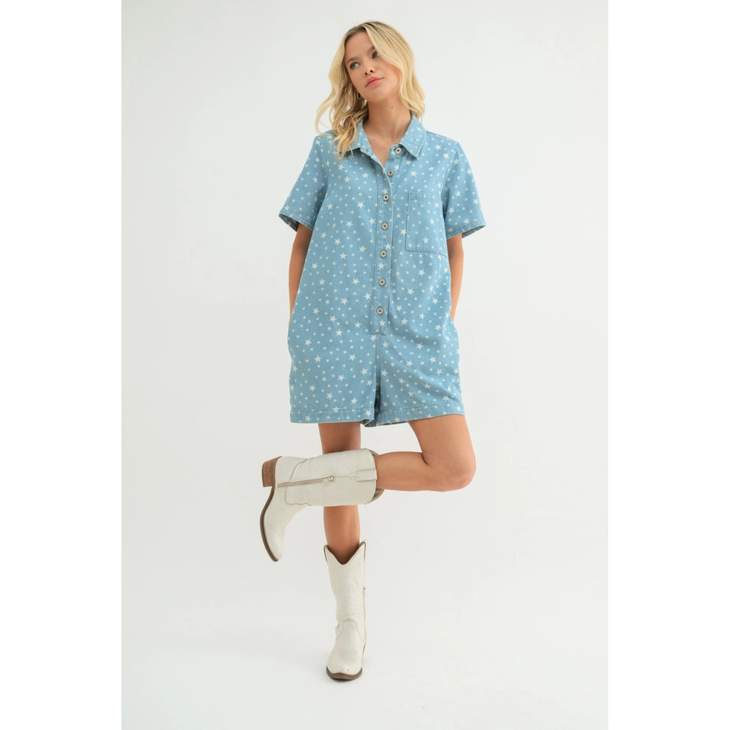 Wishlist Apparel star print denim short romper