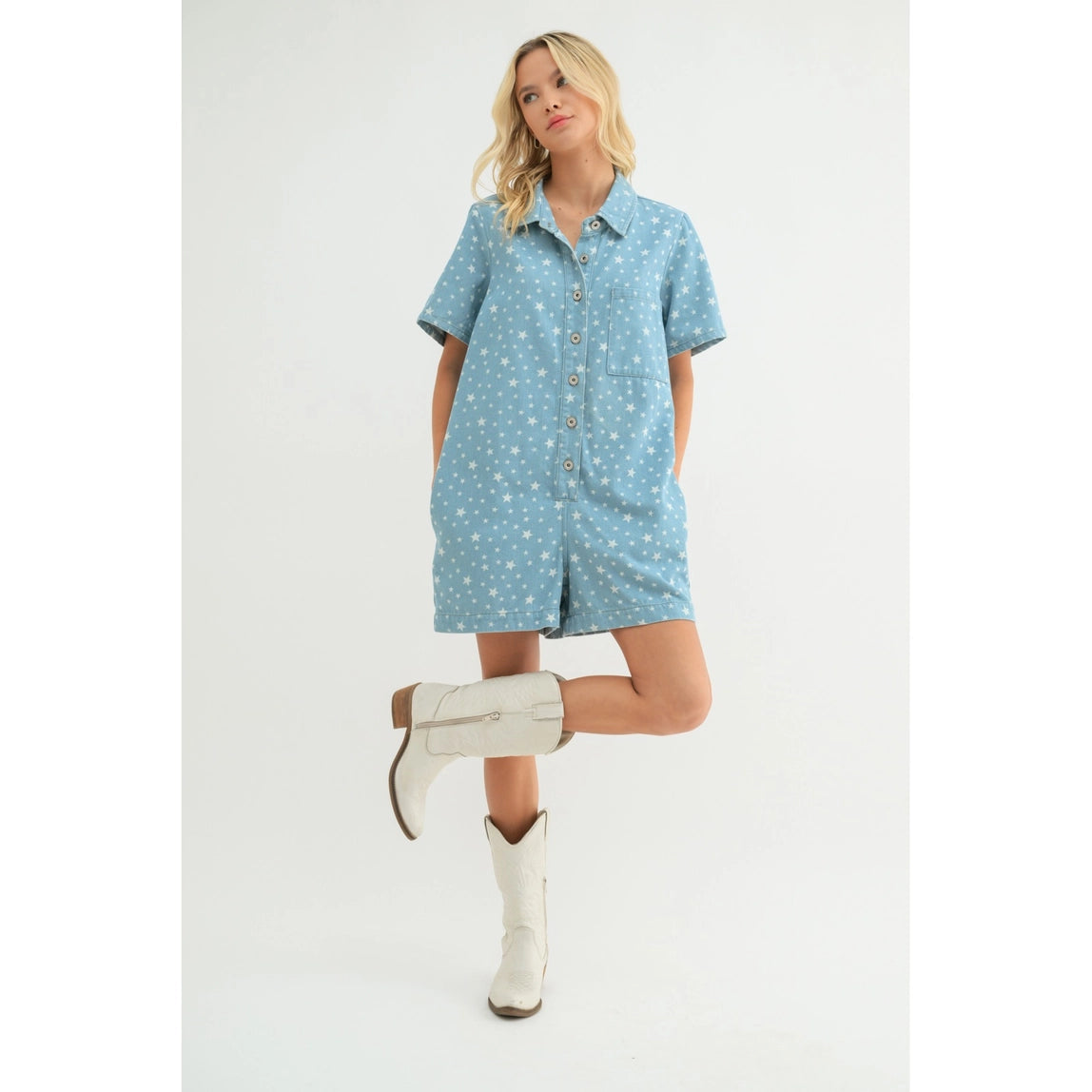 Wishlist Apparel star print denim short romper