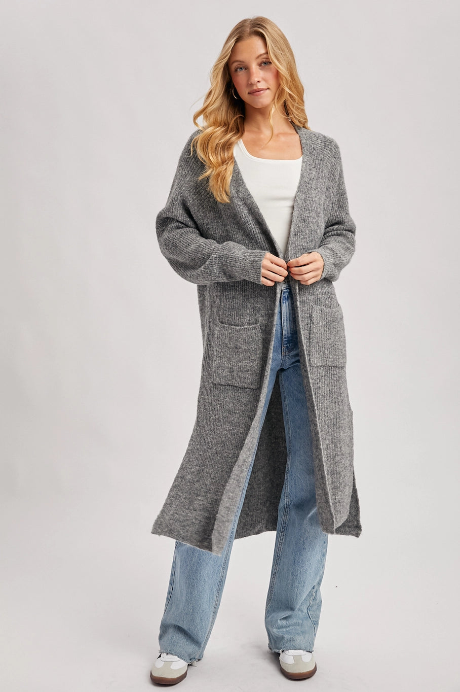 Bluivy longline open front side slit cardigan