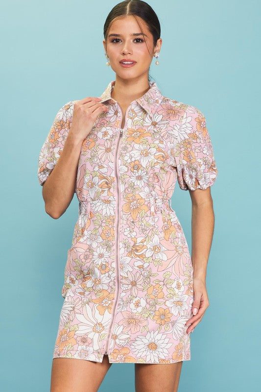 Skies are Blue puff sleeve floral zip-up dress