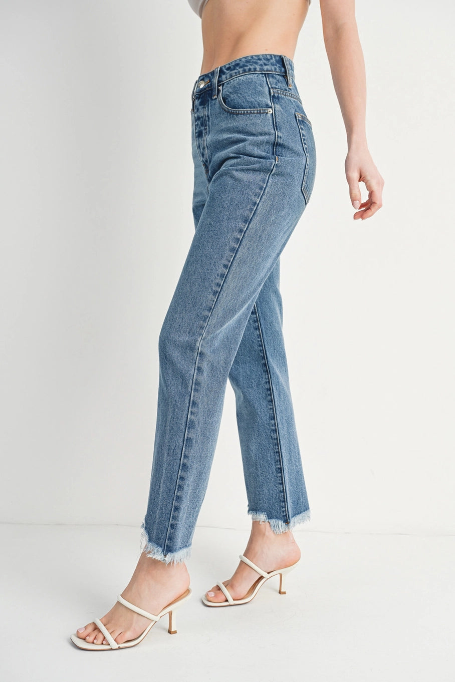 Bluivy high rise straight leg distressed raw hem jeans