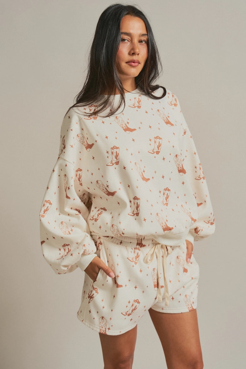 Urban Daizy cowboy boot print sweatshirt & shorts set