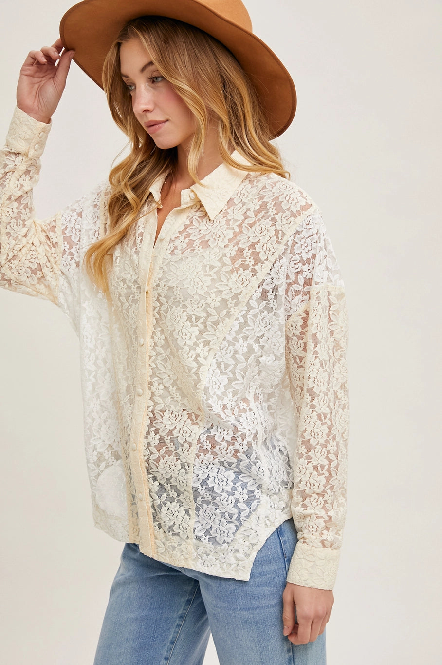 Bluivy color block lace button down shirt