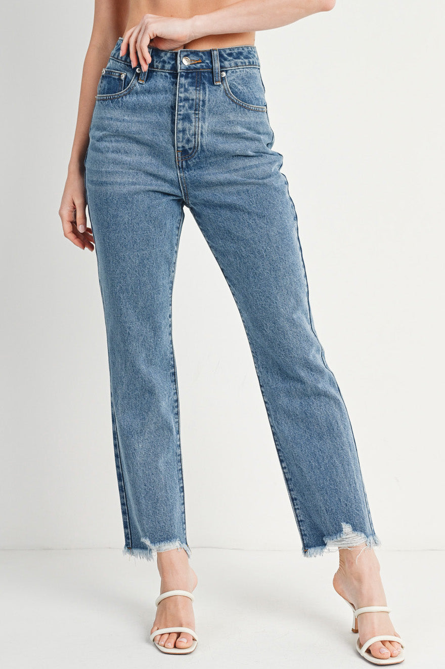 Bluivy high rise straight leg distressed raw hem jeans