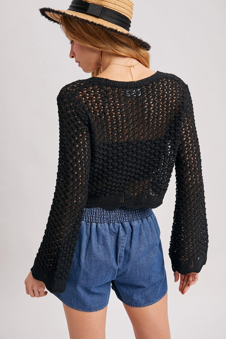 Bluivy open knit crochet front-tie cropped cardigan